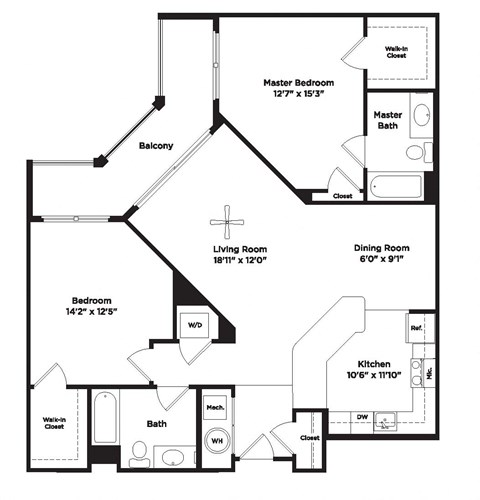 Floor plan for 2 beds, 2 baths, 1117 sqft